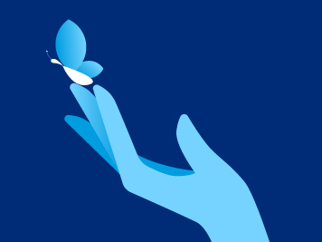 graphic of a blue hand holding a blue butterfly